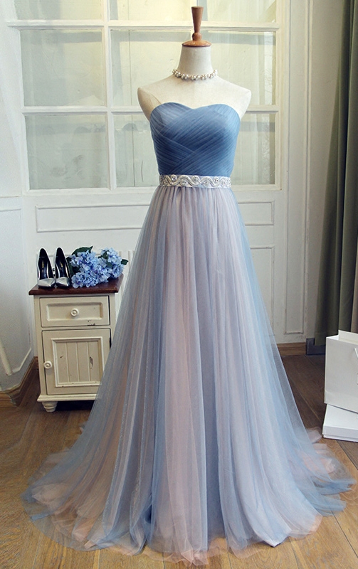 Sweetheart Tulle Blue Long Prom Dress,beaded Waist Bridesmaid Dress