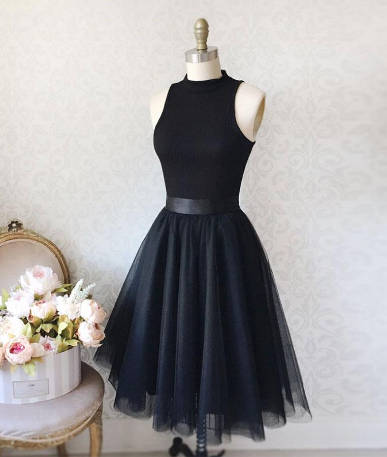 Cute Black Tulle High Neck Sleeveless Homecoming Dress,simple Short Prom Dress