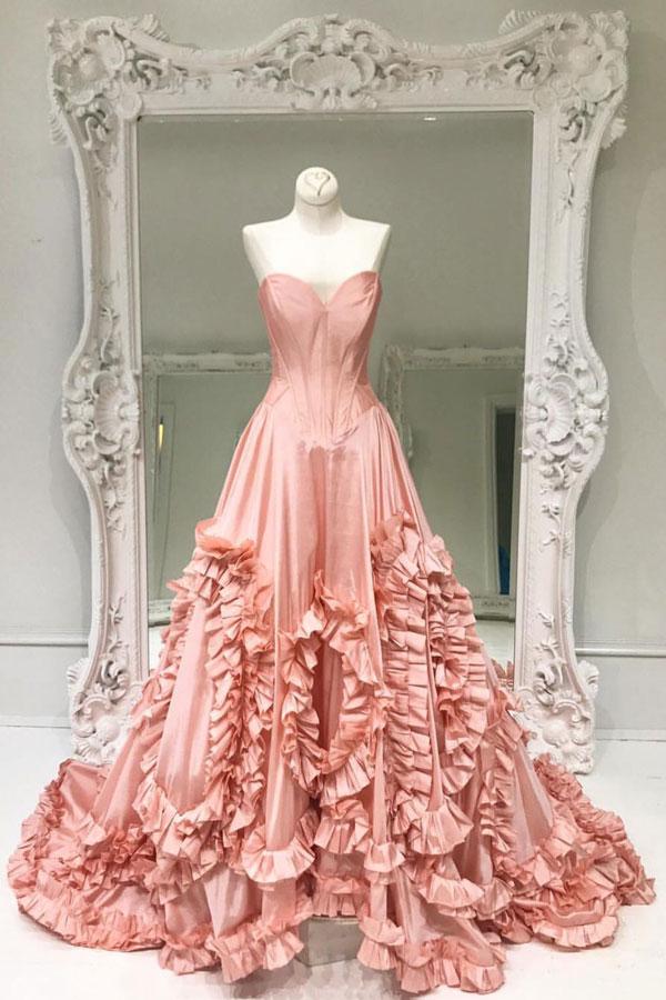 Unique Sweetheart Pink Satin Prom Dress,pink Evening Dress,2018 Prom Dress With Sweep Train
