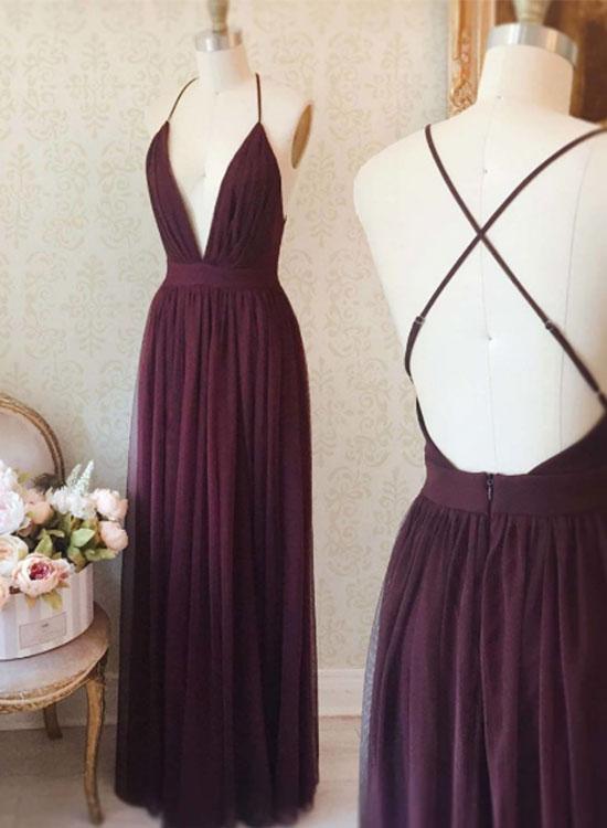 Simple Deep V-neck Purple Prom Dress,long Backless Evening Dress