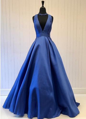 Simple Blue Deep V-neck Satin Prom Dress,sleeveless Evening Dress With Bow