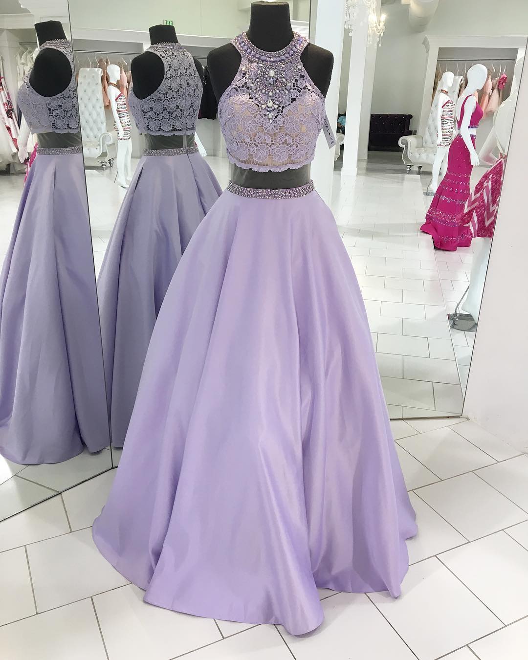 Elegant Lavender Lace Beaded High Neck Prom Dress,two-piece Long Prom Dress