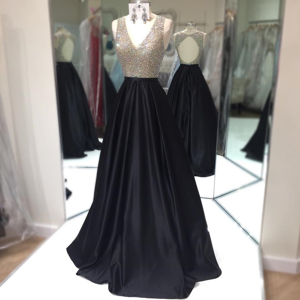 Beaded V-neck Satin Prom Dress,long Black Evening Dress,sleeveless A Line Formal Gown With Keyhole Back