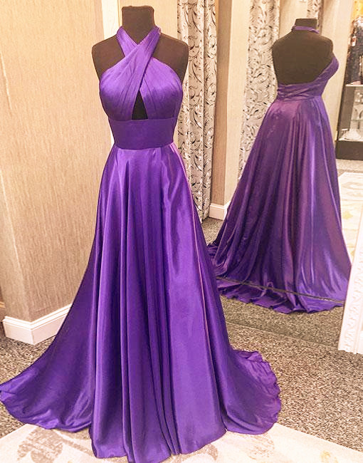 Simple Halter Purple Long Satin Prom Dress,backless Evening Dress