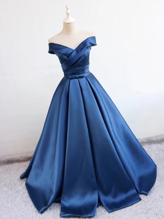 Navy Blue Off Shoulder Satin Long Prom Dress,prom Party Dress,formal Dress