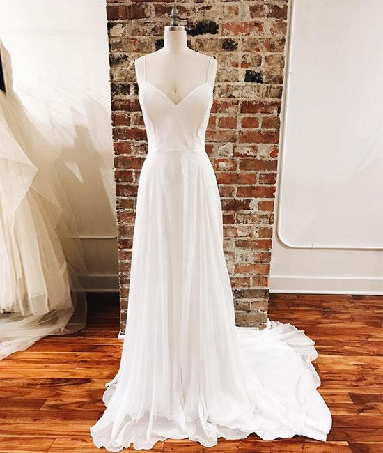 Simple White V-neck Chiffon Long Prom Dress,spaghetti Straps Sweep Train Evening Dresses