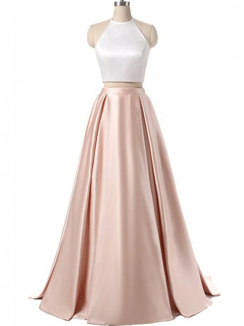 Simple Two Piece A-Line Halter Champagne Prom Dress with Pleats
