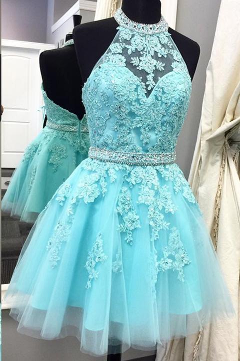 Cute Light Blue High Neck Tulle Homecoming Dress,backless Beaded Party Dress