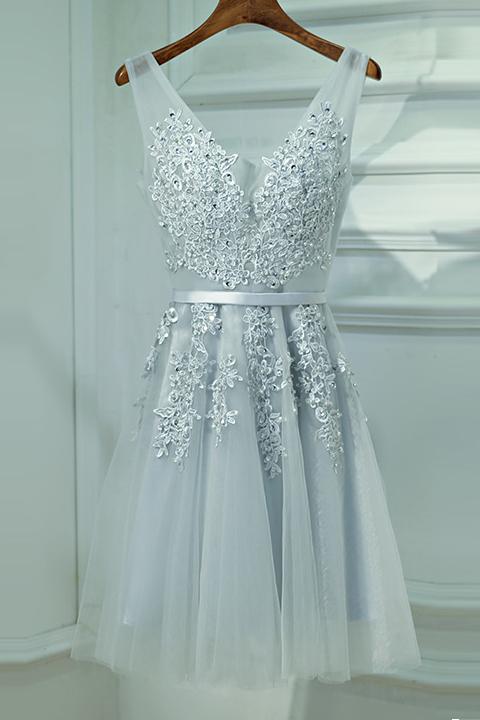 Gray V-neck Applique Party Dress,a-line Bridesmaid Dress With Sash