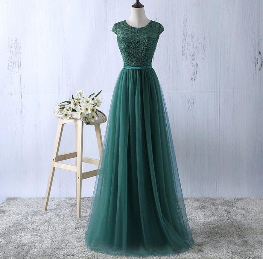 Elegant Green Lace Tulle Prom Dress,long A-line Cap Sleeve Evening Formal Dress