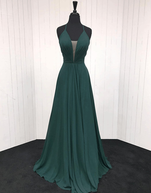 Simple Dark Green V-neck Chiffon Prom Dress,a-line Green Evening Dress