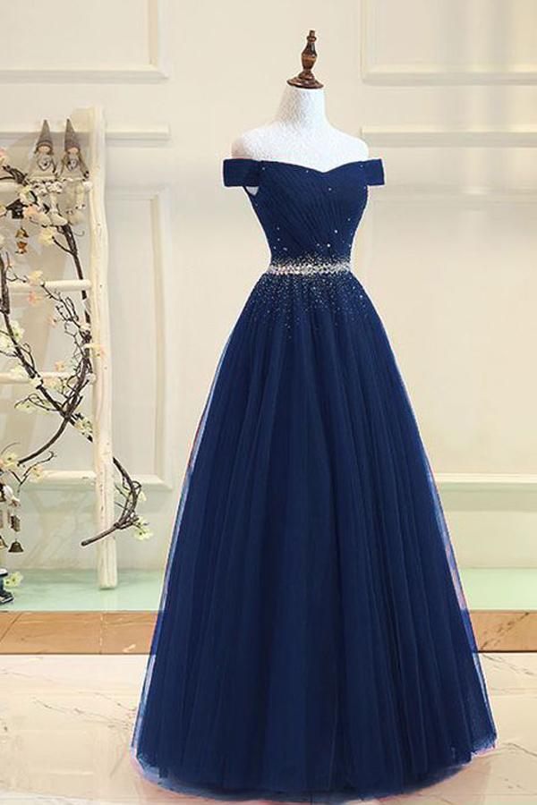 Navy Blue Tulle Off The Shoulder Long Prom Dress,beaded Sequins Evening Dresses,a-line Bridesmaid Dress