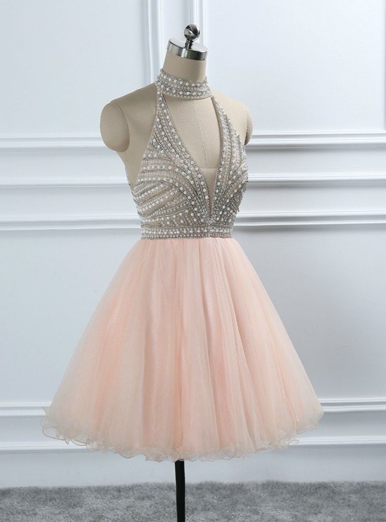 Coral Halter Backless Crystal Beading Tulle Homecoming Dresses Sweet 16
