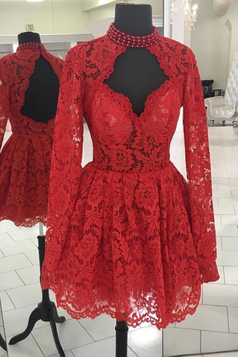 Red Lace High Neck Homecoming Dress ...