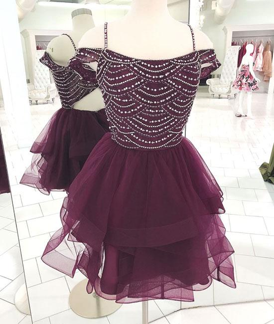 Cute Tulle Beaded Homecoming Dress,Off Shoulder Short Prom Dress 