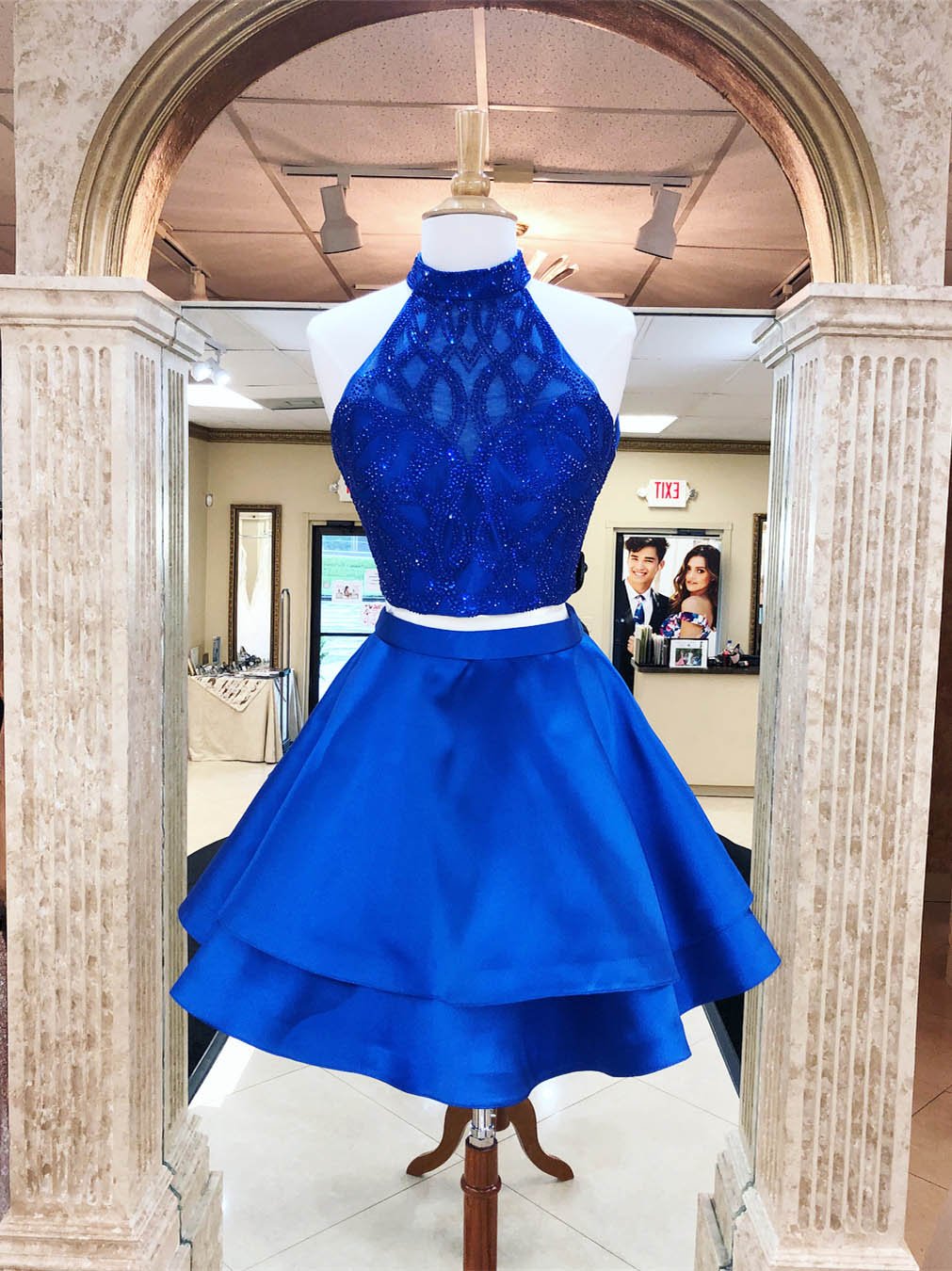 High Neck Royal Blue Beaded Homecoming Dress Two Pieces Party Dress Short Prom Dress 