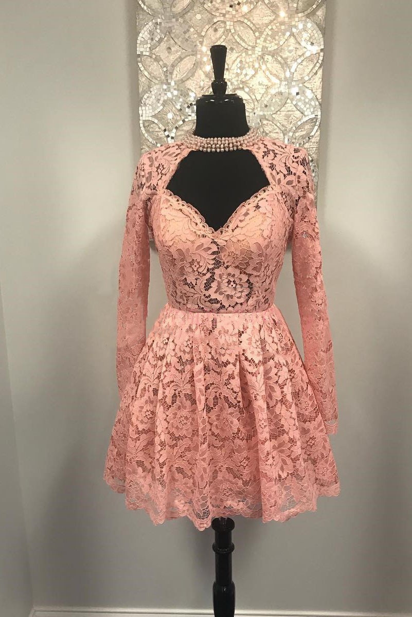 Sweetheart Long Sleeves Pink Lace Short Homecoming Dress Short Lace Dress