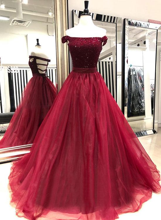 Burgundy Off Shoulder Beaded Tulle Prom Dress,2019 Burgundy Evening Dresses