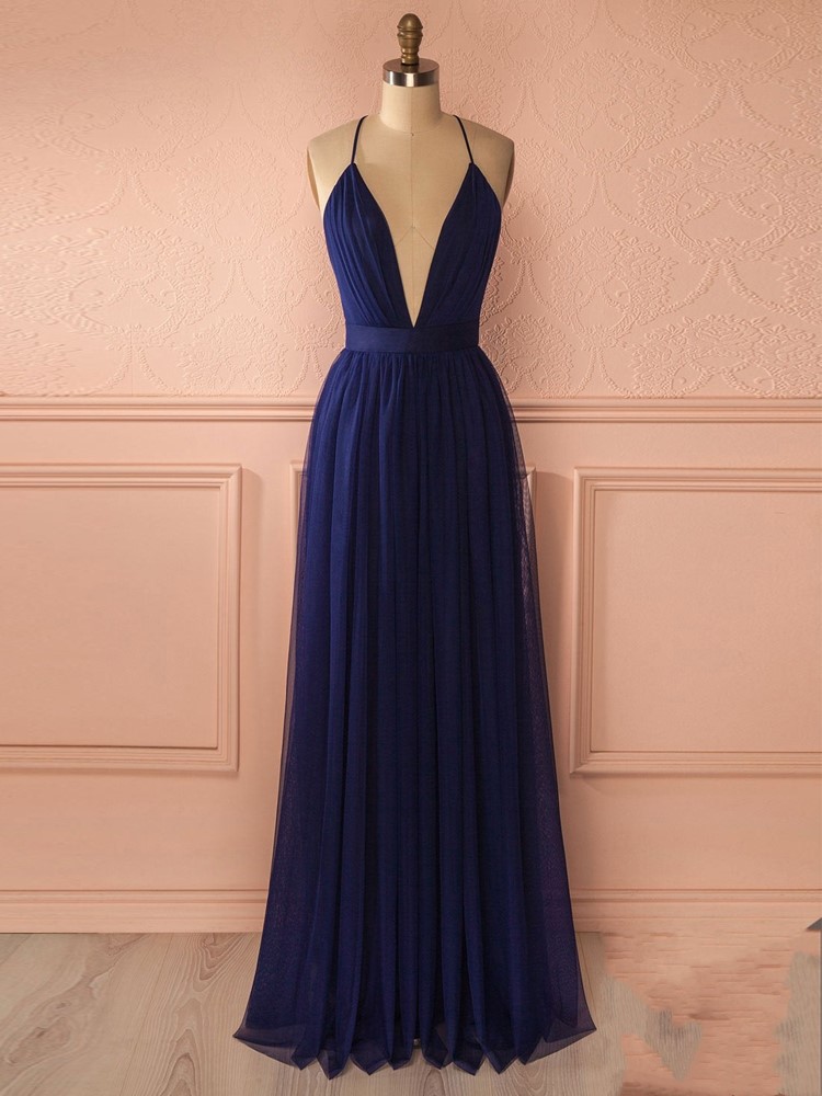Charming V Neck Backless Navy Blue Long Prom Dresses,Simple Evening Dresses