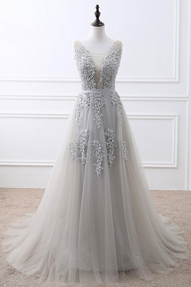 Gray V-Neck Applique Tulle Prom Dress,Fashion Evening Dress,Long Bridesmaid Dress 