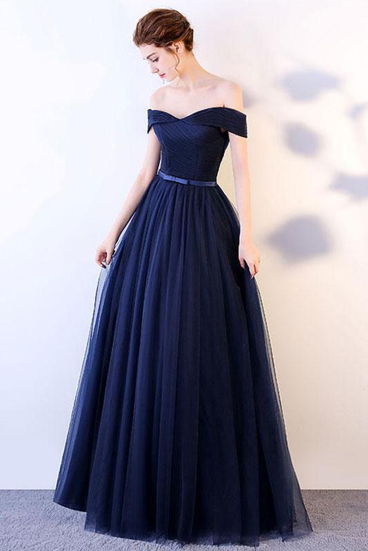 Simple Navy Blue Off The Shoulder Tulle Bridesmaid Dress with Sash,A-Line Floor Length Formal Dress,Elegant Prom Dress