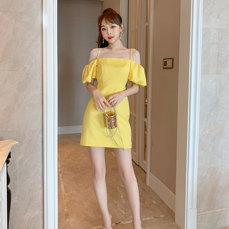 Fashionable Puff Sleeves Off-the-shoulder Slip Dress 5002