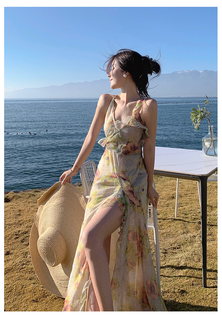 French Retro V-neck Oil Painting Print Dress Beach Holiday Beach Dress Open-back Suspender Maxi Dress