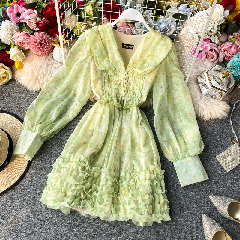 Lolita V-neck Chiffon Dress Floral Cake Dress
