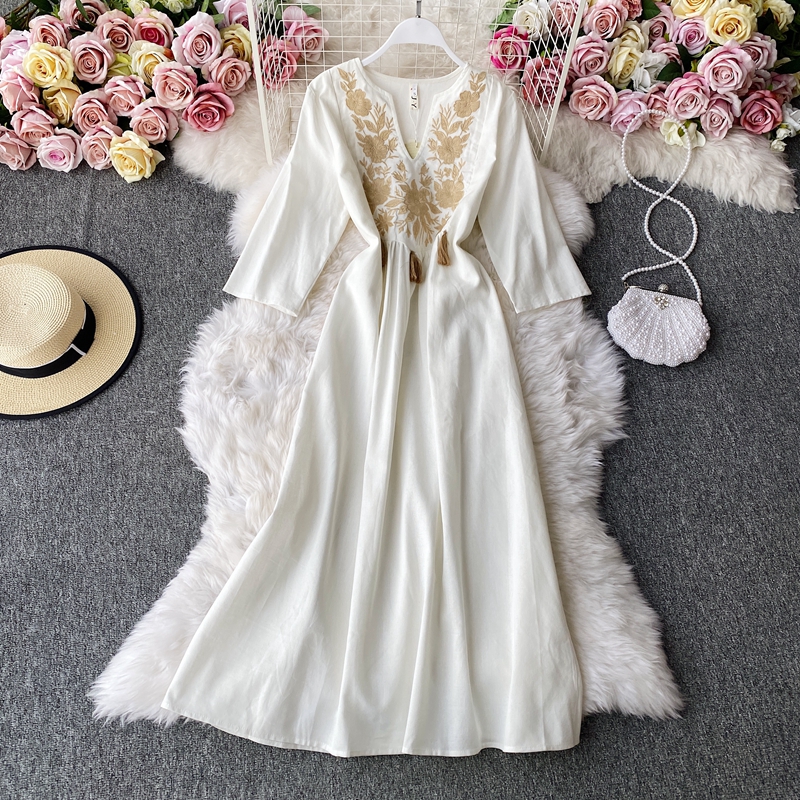 Embroidered Fringed Long Dress