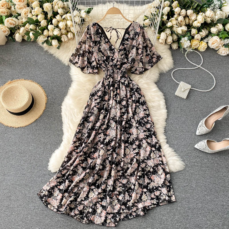 Seaside Floral V-neck Long Resort Dress