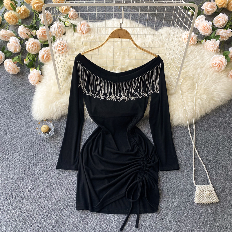 Sexy Fringed Black Long Sleeve Dress