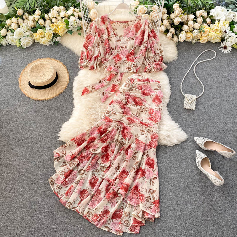 Resort Chiffon Shirt Fishtail Floral Skirt Two Piece Sets