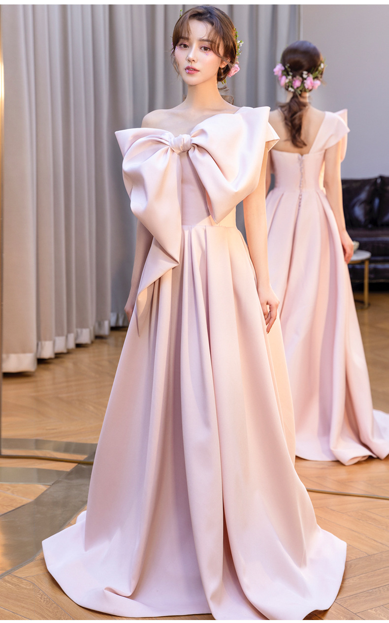 Pink Bow Long Pink Evening Dress,2022 Prom Dress