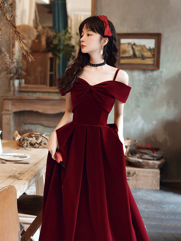 Burgundy Velvet Long Off Shoulder Prom Dress