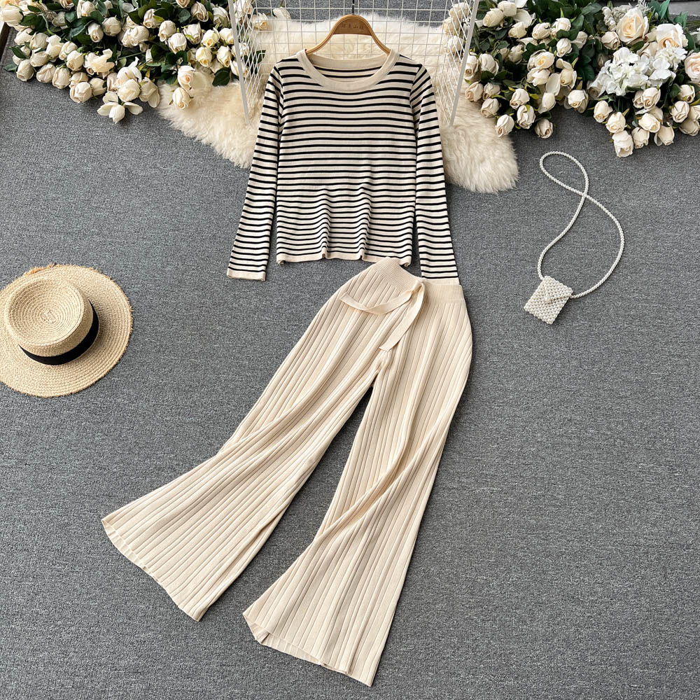 Knit suit striped long-sleeve top pleated tie two piece wide leg pants