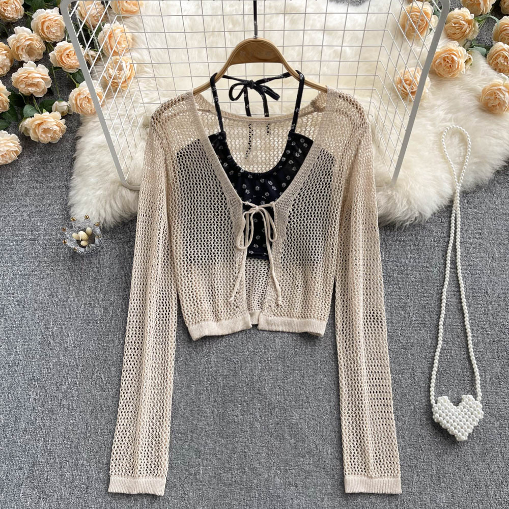 Cutout Long Sleeve Lace-up Cardigan Floral Cropped Lace-up Halter Top Two Piece Suit