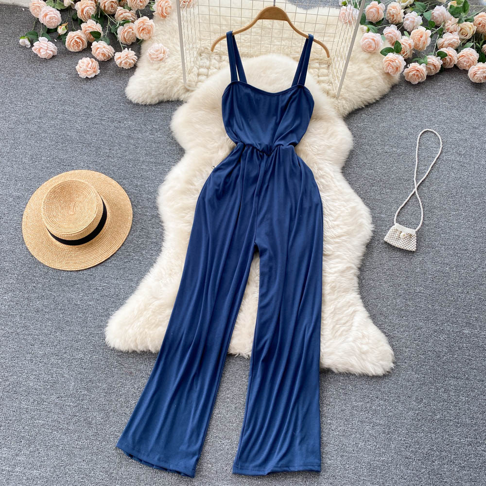 Casual Loose Overalls Jumpsuits One Piece Sleeveless Wide Leg Long Pant Rompers