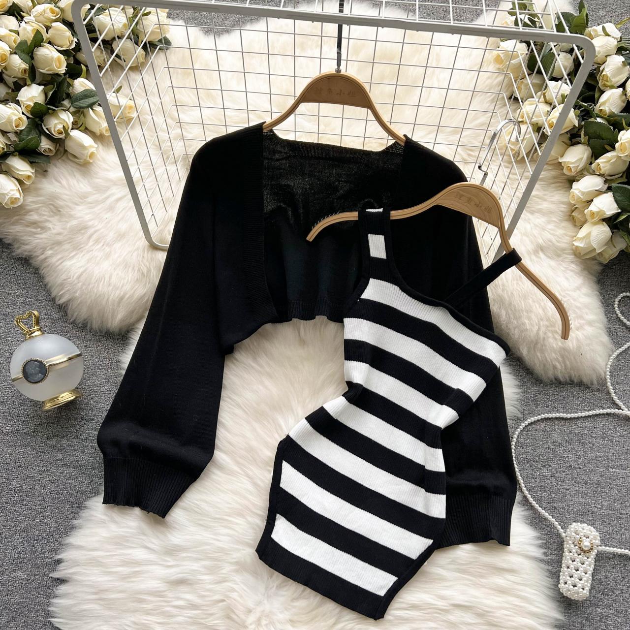 striped slip dress knitted cardigan two piece set