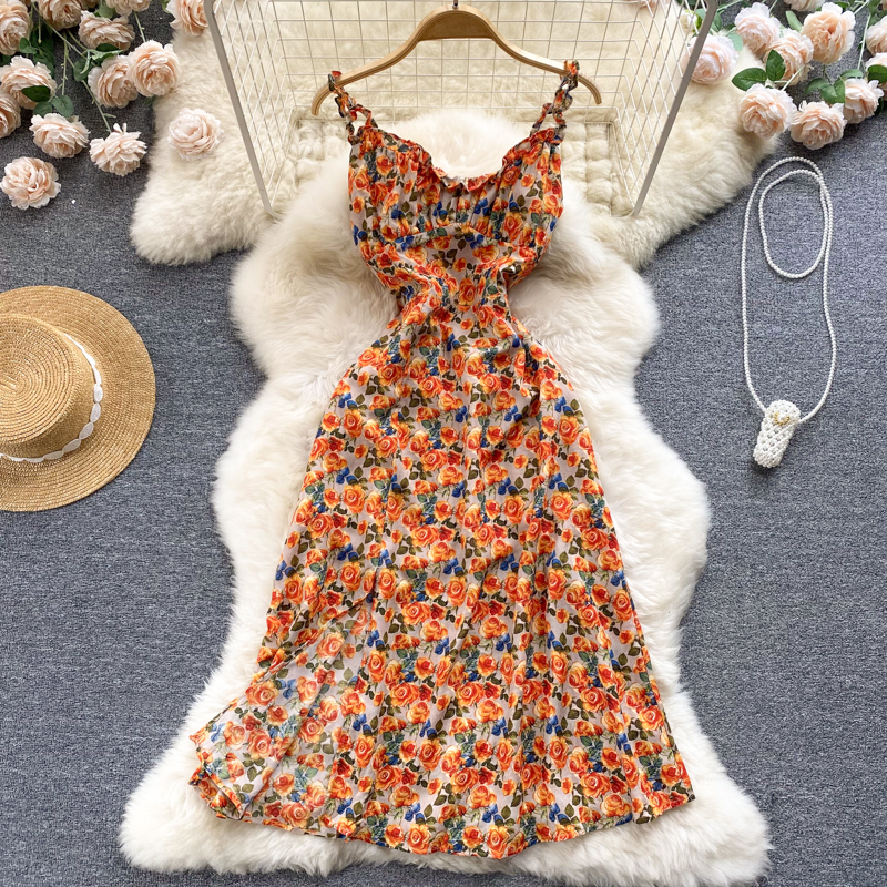 Chiffon Floral Split Long Dress Beach Sling Dress