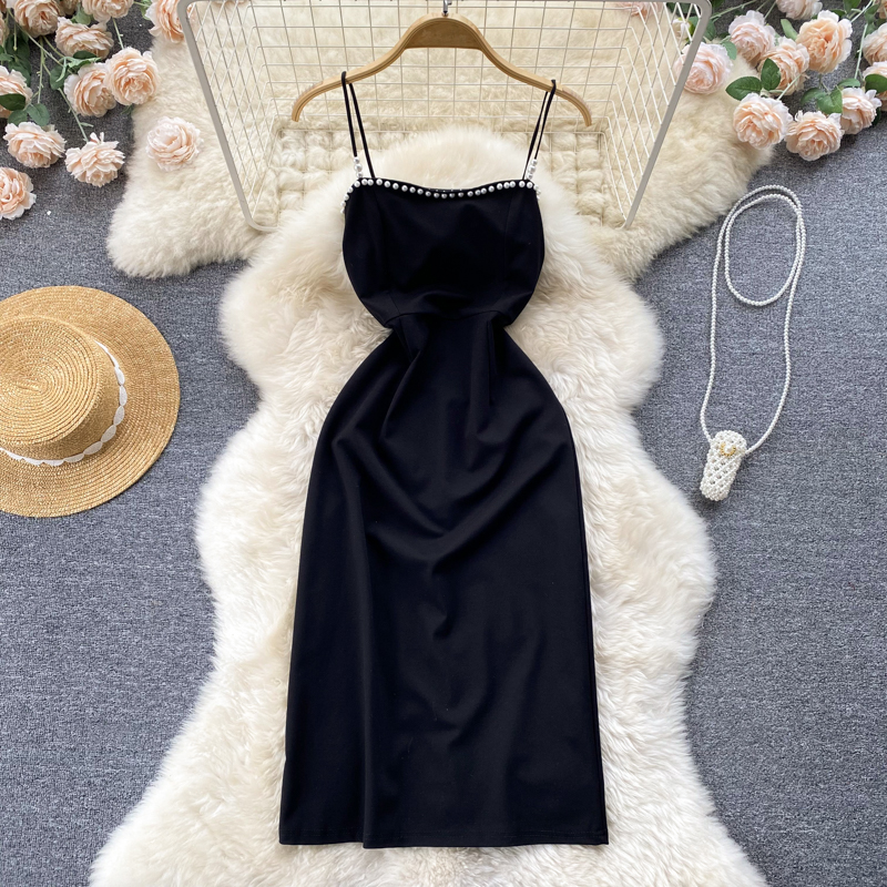 long black cotton dress Msgm With Pleated Details Chanel Logo in Black Size:SM - UK8-10 by category:Dresses