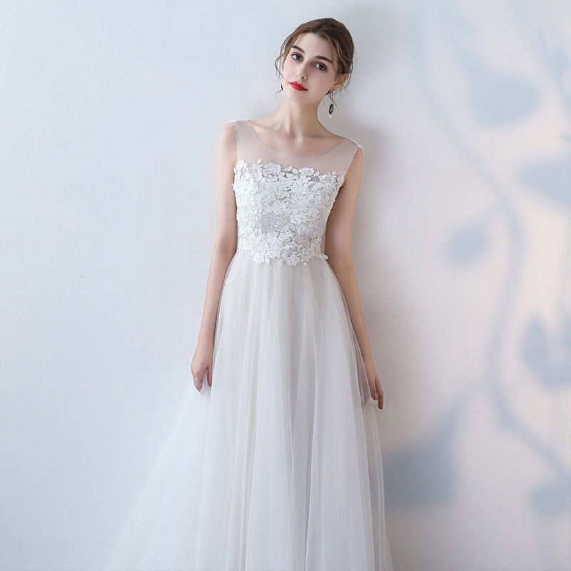 White appliqued prom dress,sleeveless tulle bridesmaid dress