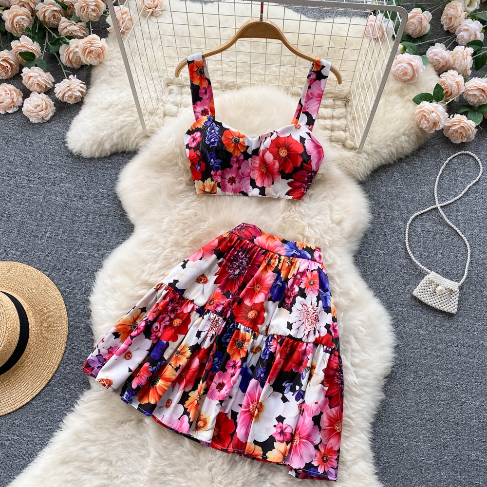 Printed suit cropped camisole two piece short skirt