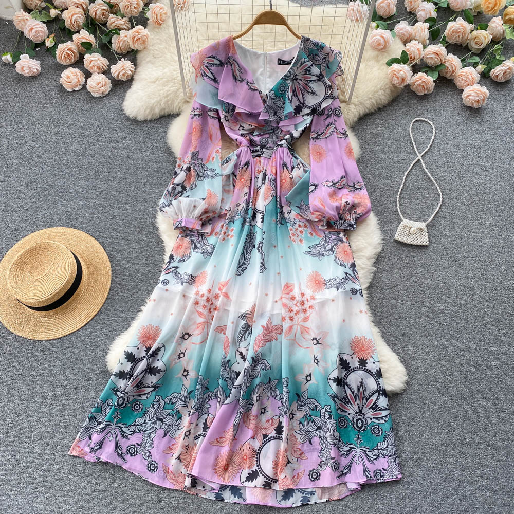 French V-neck Puff Sleeve Ruffled Floral Print Dress