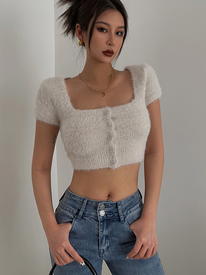 Square neck knitted short T hot girl crop top