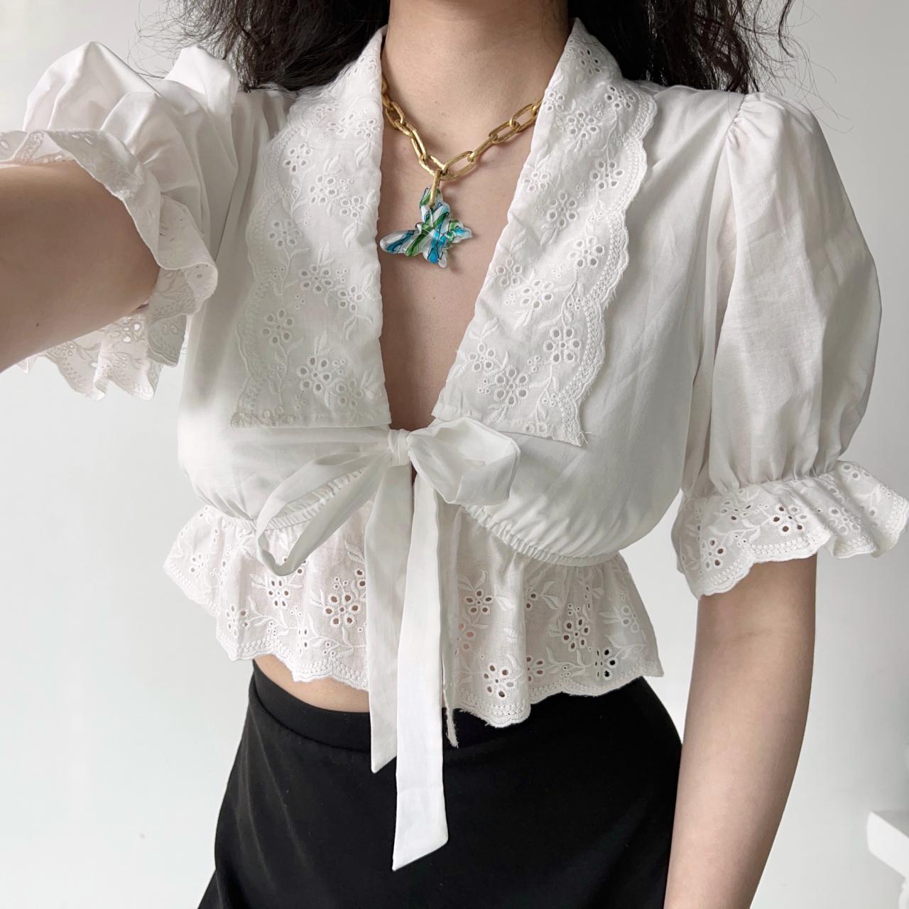 Court Style Puff Sleeve Embroidered Tie White Shirt on Luulla