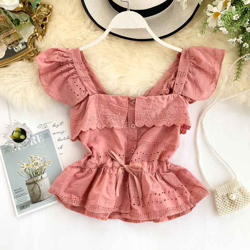 Hollow Ruffled Short Lace-up Waist Slim Camisole Top