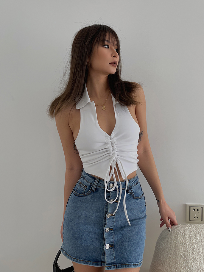 Halter Lace-up Vest White Cropped Top