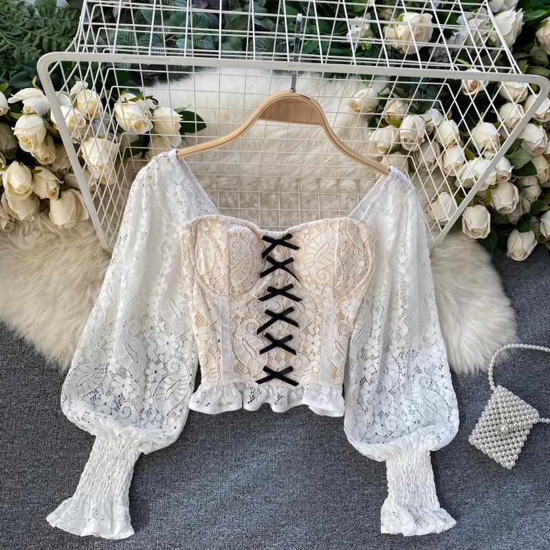 French Puff Sleeve Lace Cropped Top