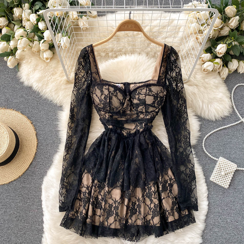 Black V-Neck Long Sleeve Lace High Waist A-Line Dress