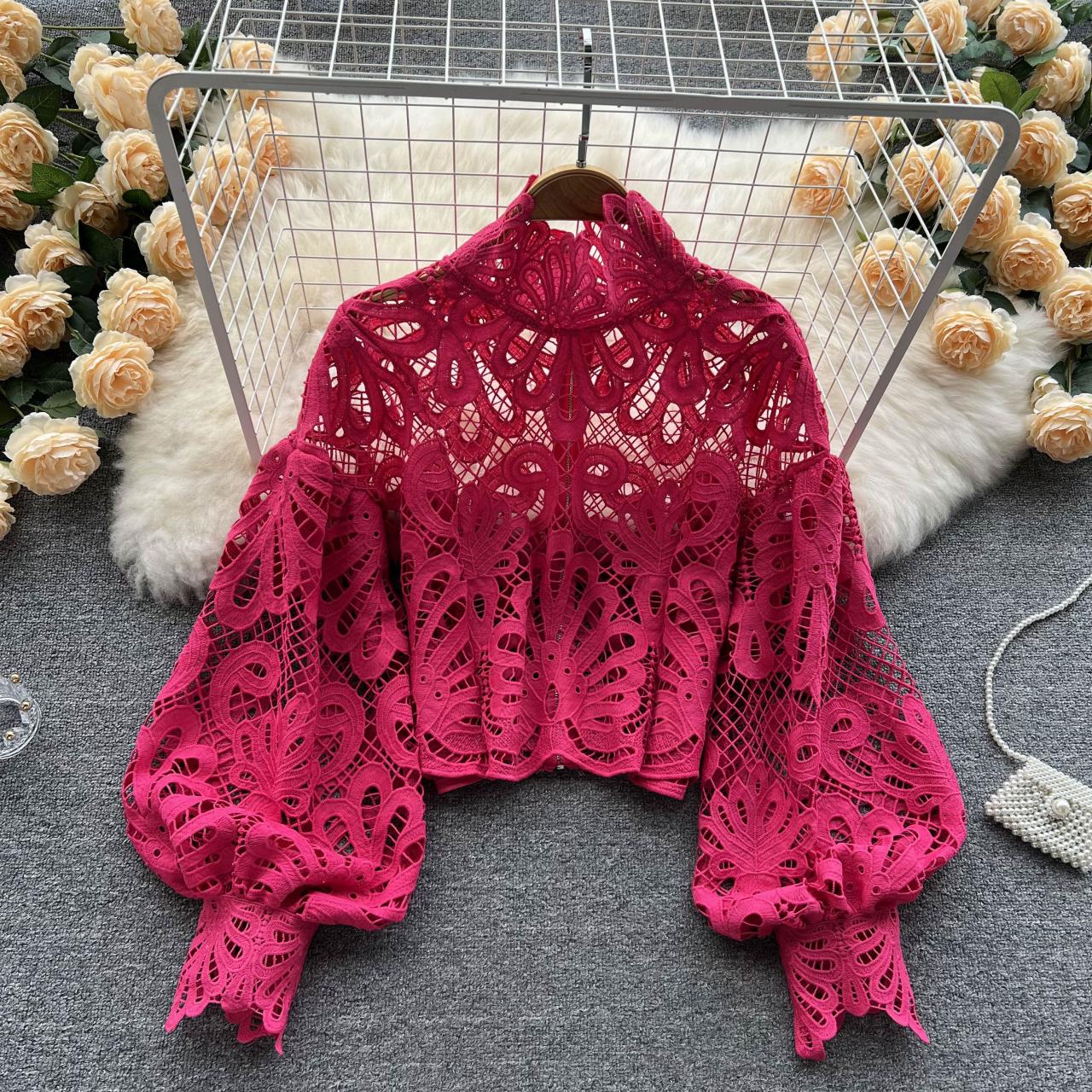 Lace Cutout Top Stand Collar Puff Sleeve Cropped Shirt
